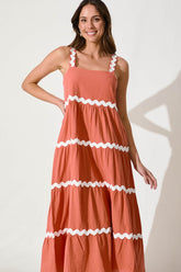 Rust Maxi Dress with White Trim - Cotton Summer Wear